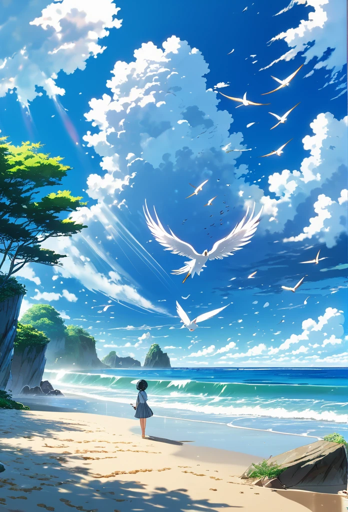 Well detailed anime landscape, The 100 series poster style with people falling from the sky, Os 100, people falling to the sky, beautiful horizon on the beach, floating wing feathers
 falling seen from afar, clouds, small with brush strokes, serene sky anime nature wallpaper, anime beautiful scene, beautiful anime peace scene, Makoto Shinkai Cyril Rolando, beautiful anime scene, amazing wallpaper, wallpaper anime art 8k, anime background, anime art background, anime 4k wallpaper, anime art 4k wallpaper, anime art 4k wallpaper,