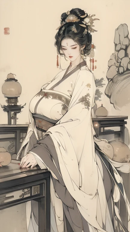 ((Imagen de tinta china tradicional de alta definición, hanfu)), Ojos de tamaño real, pechos enormes，trasero regordete，sonriente, ((piernas abiertas, Ponte de pie y golpea tu entrepierna contra la esquina de la mesa)), ((vello púbico, areola grande, sexo, apareamiento intenso)), pasado de moda, boca abierta, 