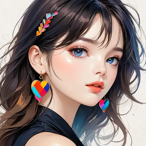 Mika Pikazo colorful style, Simple Line Initialism，Abstract art，Urban Background, (((The most beautiful girl of all time))), Sweet face. Lips in love, colorful hearts, stylish design, black eyes