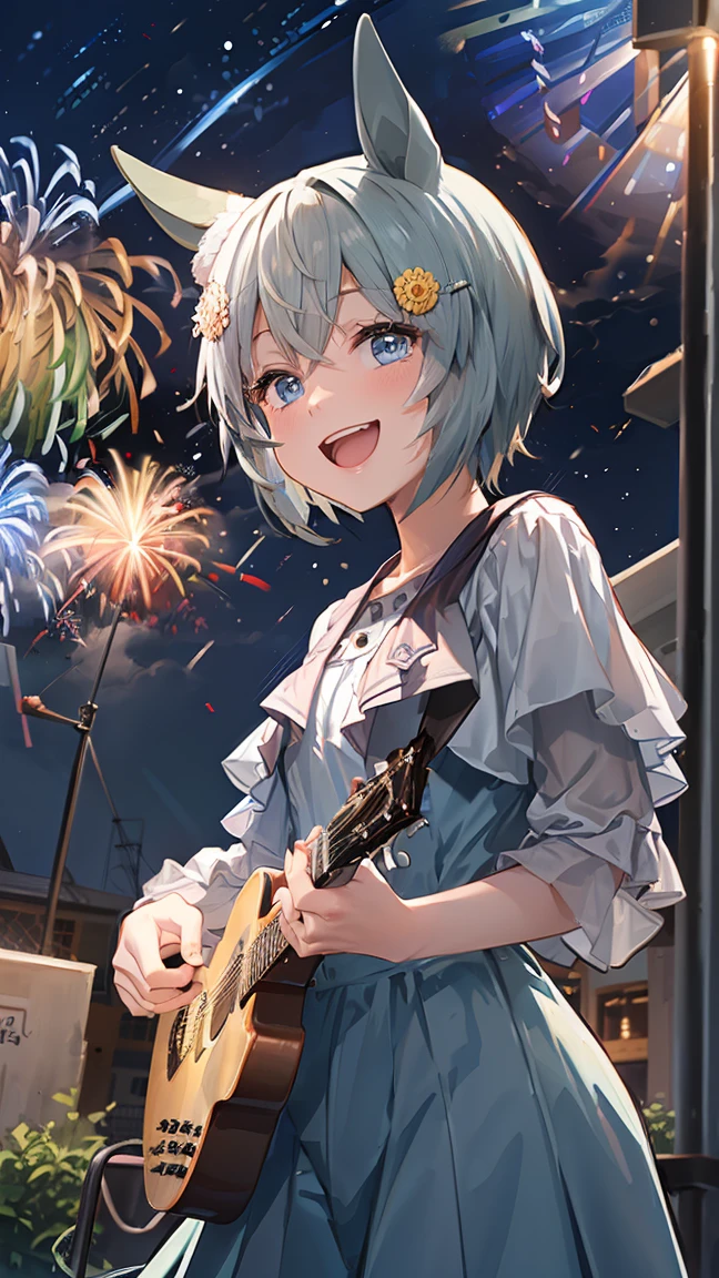 masterpiece, Highest quality, High resolution, Very detailed,(((Seiun Sky))), (((I have a guitar。)))、(((night)))、(((smile)))、(((firework)))、(((singing。))), Horse ears