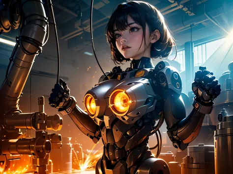 (a humanoid has mechanical body and head, (((emit rays from many lens on her body))), (cables), round face, in a huge factory), ...