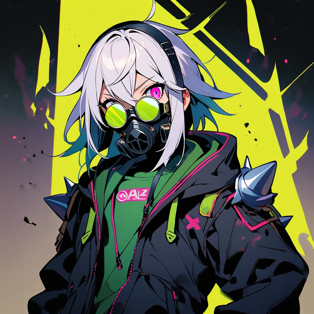 (bem feito: 1) man, shoulder-length white hair with black highlights, pink eyes, circular lens glasses with light green lenses, gaz mask, The gaz mask is predominantly black.   There are metal spikes protruding from the front of the mask.    The two side filters are highlighted with a bright yellow background and a black biohazard symbol.    The straps appear to be adjustable to ensure the mask stays securely on your face, black choker, black hoodie, black gloves, black pants, black boots.