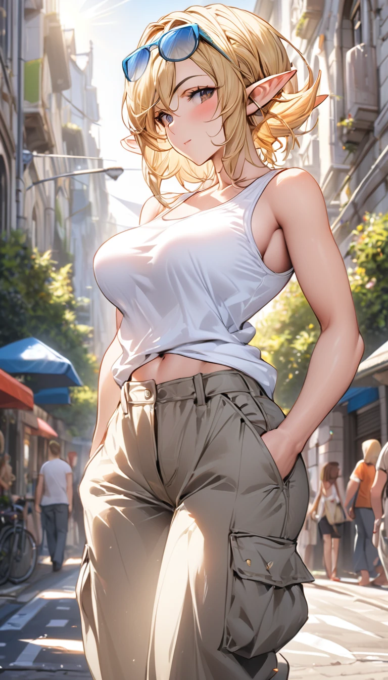 ((best quality)), ((masterpiece)), (detailed), 1girl, sexy, elf, blonde hair, short hair, pointy ears, eyewear on head, wearing white tank top, cargo pants, on street, Midsummer, strong sunlight, Large Breasts