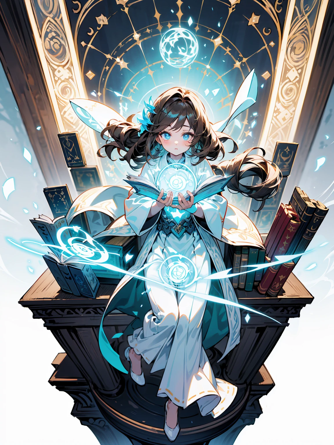 (((masterpiece, highest quality, 16k)))A stunning artwork of a mystical female mage standing in an arcane library. The full-body view showcases her in ornate blue and white robes, exuding an aura of wisdom and magical prowess. Her long, flowing brown hair frames a face of serene beauty, highlighted by blue eyes that shimmer with arcane knowledge and ethereal charm. She holds an enchanted staff, intricately designed and glowing with magical energy, adding to her mystical presence.

The scenery around her is a vast, ancient library filled with towering bookshelves and glowing runes. Magical orbs and floating tomes enhance the enchanting atmosphere, creating a scene of intellectual wonder.