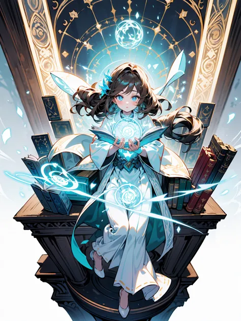 (((masterpiece, highest quality, 16k)))a stunning artwork of a mystical female mage standing in an arcane library. the full-body...