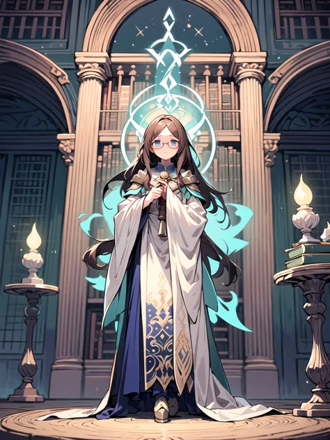 (((masterpiece, highest quality, 16k)))A stunning artwork of a mystical female mage standing in an arcane library. The full-body...