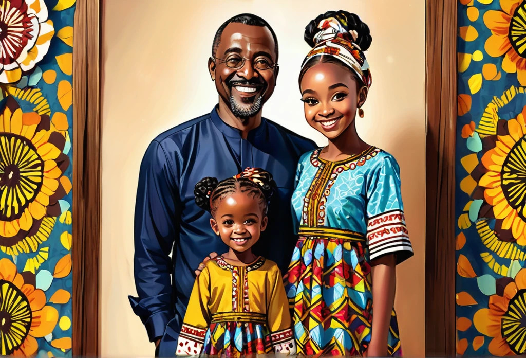  4 years old girl wearing an Ankara gown, standing beside her father that wears a casual shirt and trousers. Smiling.
African (masterpiece best quality:1.2) delicate illustration ultra-detailed, illustrations, bright, colourful, 