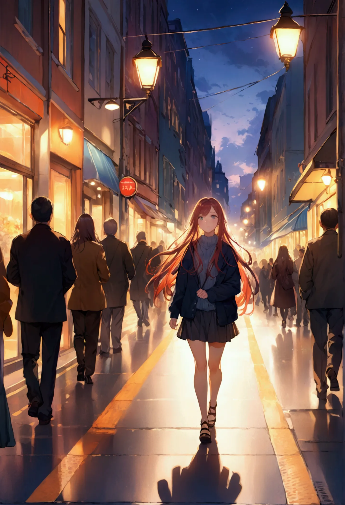 in the evening, the light is on, street, transportation, crowd, a girl with long hair is walking alone