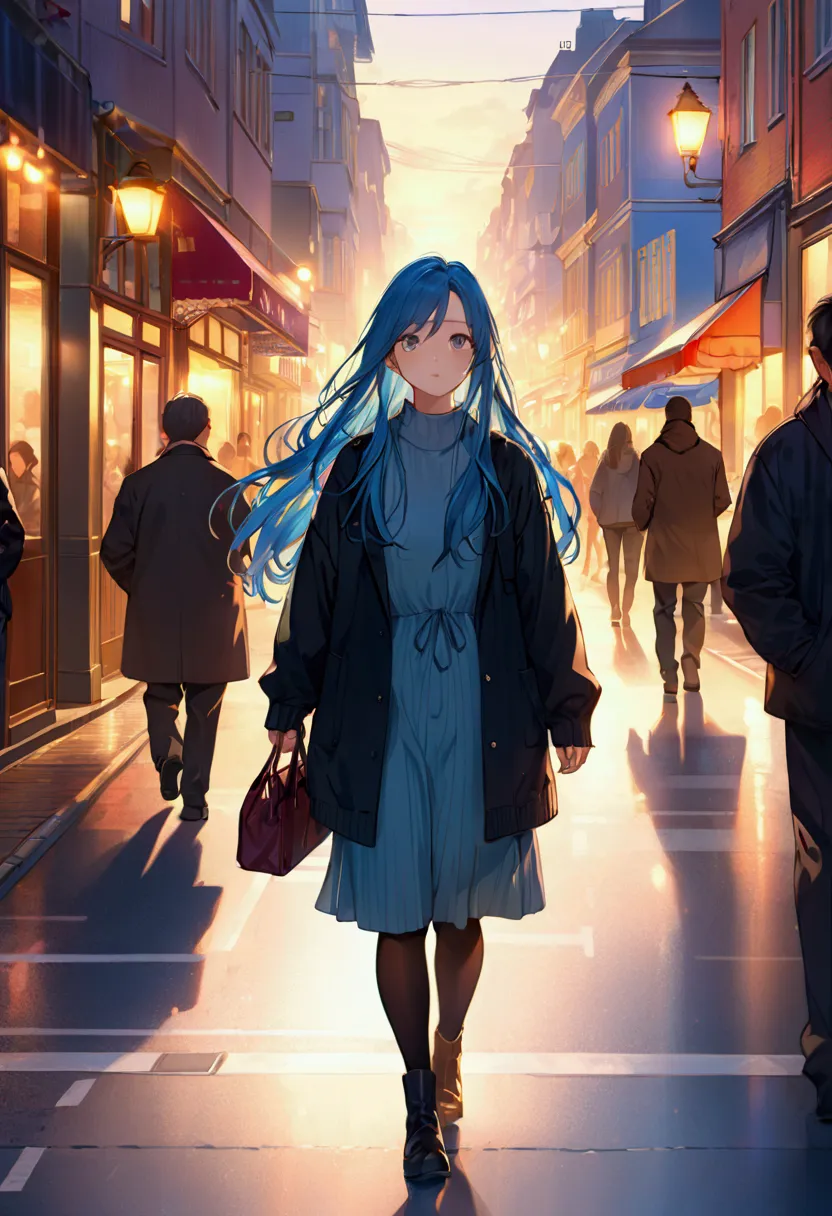 in the evening, the light is on, street, transportation, crowd, a girl with long hair is walking alone