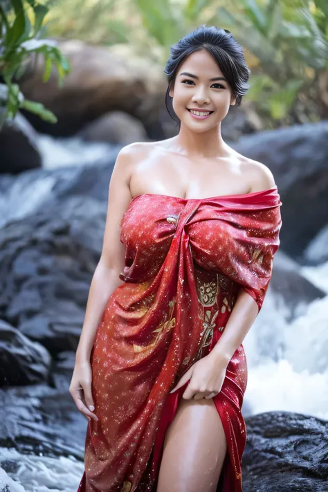 Cute girl wearing sarong dress with seducing pose, big smile, happy, bustling, ((whole body)) turning away facial at viewer, closeup, heavy mountains, misty, fog, woman standing in the waterfall, wet body, wet clothes, wet skin, beauty skin, huge breast:1.5, thick thighs bright lighting, big round ass, cute face, slim abs, 35mm lens, Extreme close-up, depth of field cinematography effect, romantic film genre, 8k resolution, high quality, ultra detail