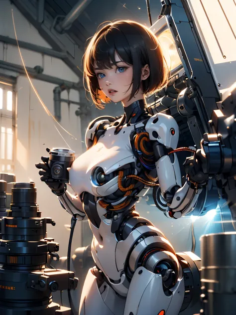 (a humanoid has mechanical body, short hair, (((emit rays from many large lens on her body))), cables, round face, in a huge factory), drooping eyes, machine legs,