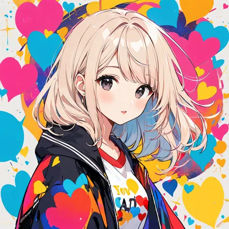 Mika Pikazo colorful style, Simple Line Initialism，Abstract art，Urban Background, (((The most beautiful girl of all time))), Sweet face. Lips in love, colorful hearts, stylish design, black eyes