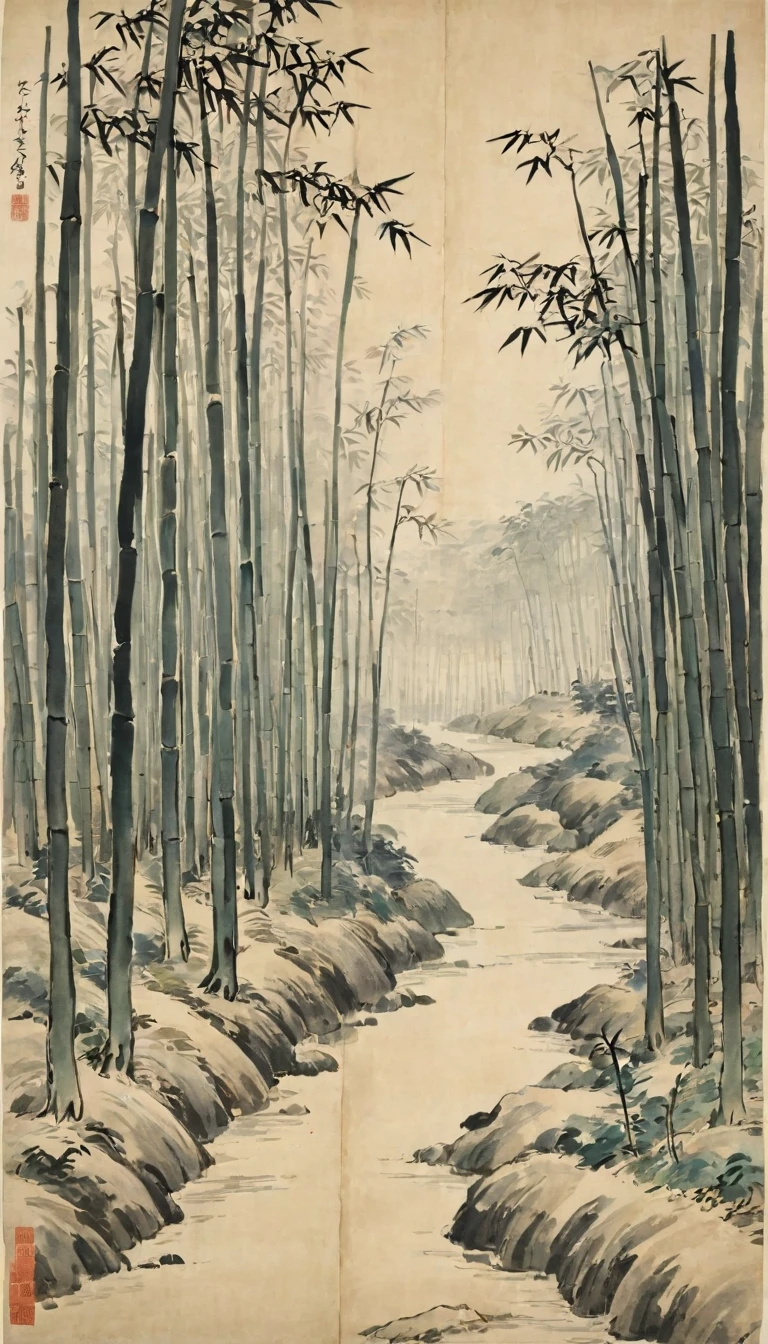 Katsushika Hokusai、vague、Mont、forest、bamboo forest、road、People passing by々、Ink and watercolor、Light tones、Large brush letters、Chinese Text、Ink Painting、Stains on washi paper、Washi paper folds