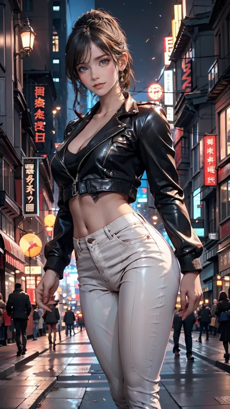 A woman standing on a city street corner at night。She is wearing a tight black leather jacket and、Wearing high-waisted skinny le...