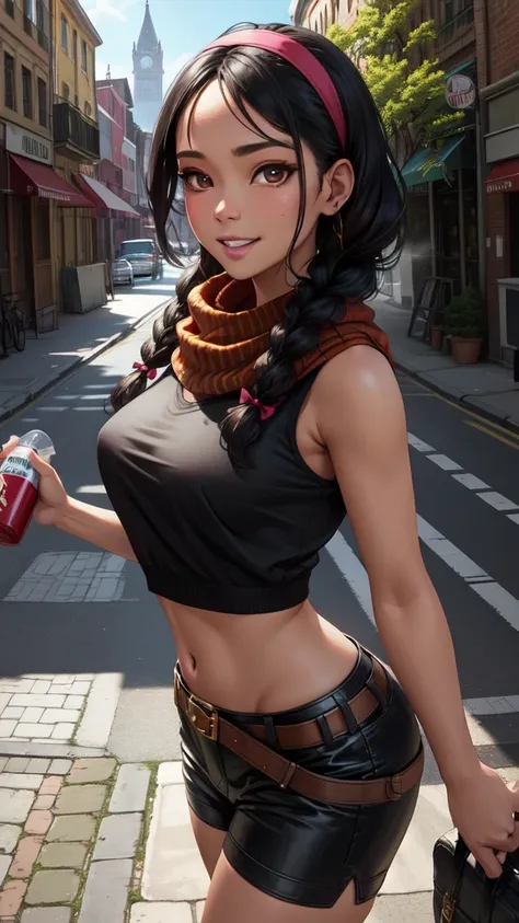 kimberly, black hair, brown eyes,  long braids,   two-tone hair, 
bow hairband, red shirt, puffy short sleeves, midriff , arm wr...