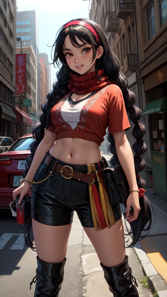 Kimberly, black hair, brown eyes,  long braids,   two-tone hair, 
bow hairband, red shirt, puffy short sleeves, midriff , arm wrap, black hip vent, scarf,   black legwear, 
standing, upper body,  
streets, night, graffiti,  urban, 
 looking at viewer,  grin, 
(insanely detailed, beautiful detailed face,beautiful detailed eyes, masterpiece, best quality), solo, 
 absurdres, highres, ultra detailed,
BREAK
, Create an image using a prism effect, with light refracting and creating a colorful, kaleidoscopic appearance.
BREAK
, Design an image with a fisheye lens effect, capturing a wide field of view with a distinctive, curved perspective.
BREAK
, Capture a city scape, with towering buildings, dappled sunlight, and a sense of tranquility and natural beauty.
BREAK
, Illustrate a vivid world, using spray paint shades to convey depth, emotion, and a striking visual impact.