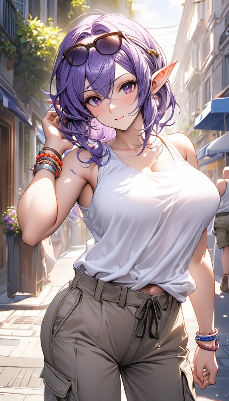 ((best quality)), ((masterpiece)), (detailed), 1girl, sexy, elf, purple hair, medium hair, pointy ears, eyewear on head, wearing white tank top, cargo pants, on street, Midsummer, strong sunlight, Large Breasts, Bracelet on left arm