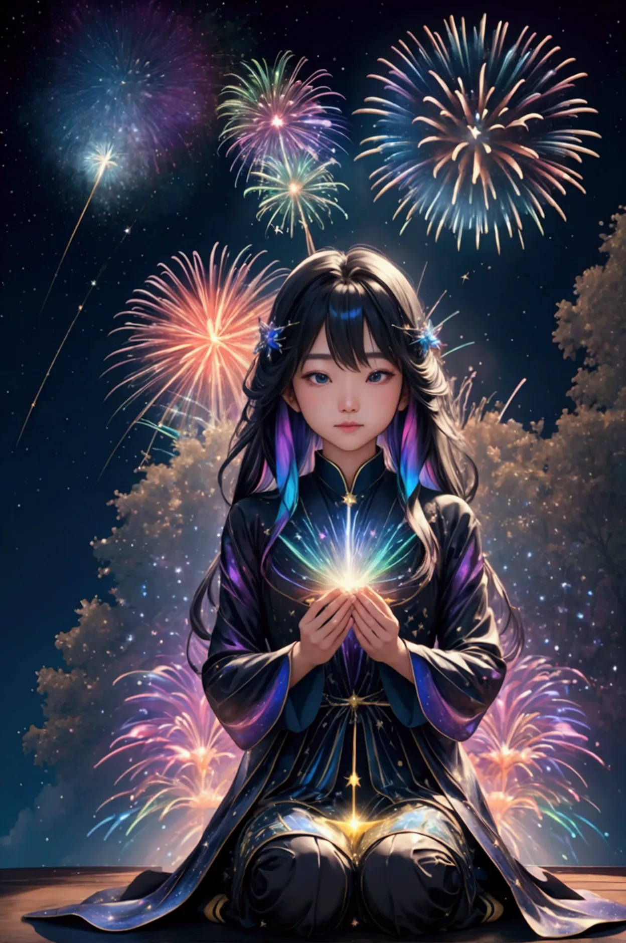 The world we see、Iridescent幻想的なNight Sky、constellation,Mysterious Landscape、firework、firework大会、Iridescentfireworkが打ちあがっている瞬間、夜n...