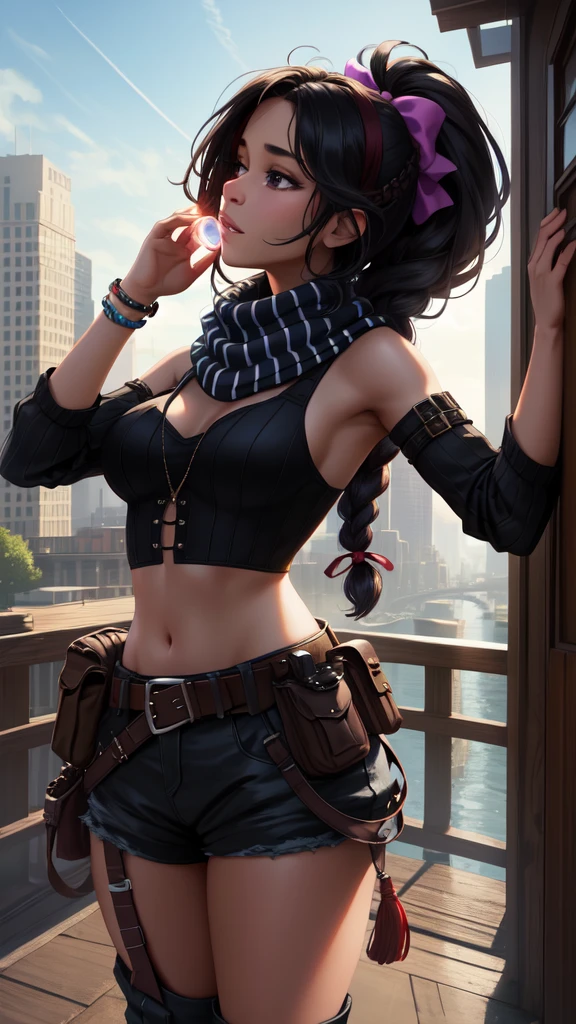 Kimberly, black hair, brown eyes,  long braids,   two-tone hair, 
bow hairband, red shirt, puffy short sleeves, midriff , arm wrap, black hip vent, scarf, black legwear, 
standing, upper body,  
streets, night, graffiti,  urban, 
 looking at viewer,  grin, 
(insanely detailed, beautiful detailed face,beautiful detailed eyes, masterpiece, best quality), solo, absurdres, highres, ultra detailed,
BREAK
, Create an image using a prism effect, with light refracting and creating a colorful, kaleidoscopic appearance.
BREAK
, Design an image with a fisheye lens effect, capturing a wide field of view with a distinctive, curved perspective.
BREAK
, Capture a city scape, with towering buildings, dappled sunlight, and a sense of tranquility and natural beauty.
BREAK
, Illustrate a vivid world, using spray paint shades to convey depth, emotion, and a striking visual impact, 