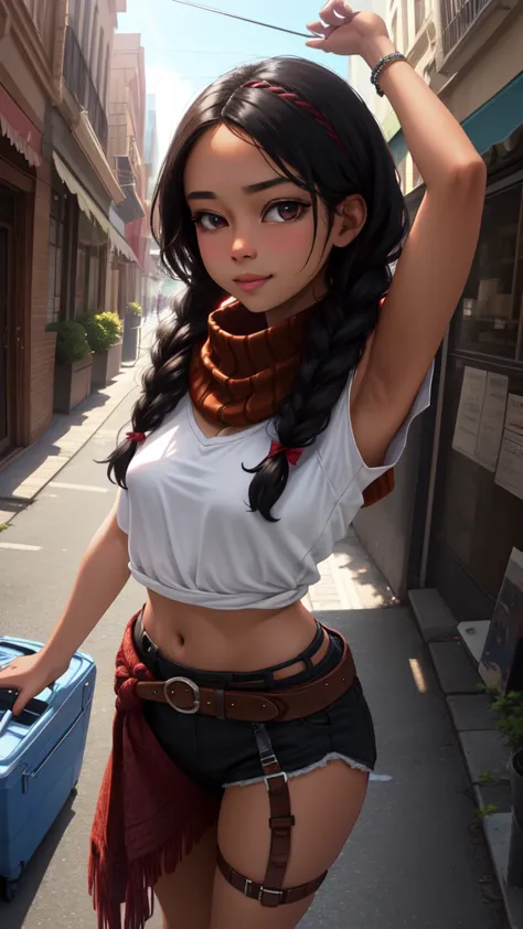 kimberly, black hair, brown eyes,  long braids,   two-tone hair, 
bow hairband, red shirt, puffy short sleeves, midriff , arm wr...