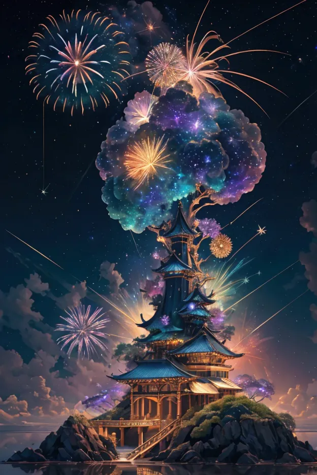 the world we see、iridescent幻想的なnight sky、constellation,mysterious landscape、firework、firework大会、iridescentfireworkが打ちあがっている瞬間、夜n...