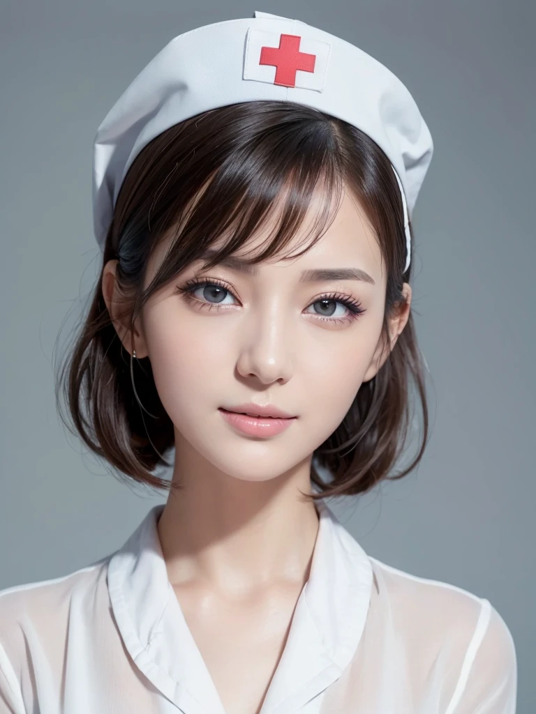 1. Pure Woman,(Wearing white nurse clothes:1.2),(RAW Photos, Highest quality), (Realistic, photo-Realistic:1.4), masterpiece, A very delicate and beautiful 25-year-old woman, Very detailed, Great Skin, Detailed face, Cool smile、Clean look、 Sparkling eyes, double eyelid, Ample breasts、High resolution, Soft Light, Beautiful detailed girl, Very detailed eyes and face, Beautiful and sophisticated nose, nurse, Perfect Anatomy, Black Hair, Upstyle, nurse uniform, ((nurse cap)), hospital, clear, White Uniform, hospital room, ((High resolution)), short hair, bangs,Face Focus、