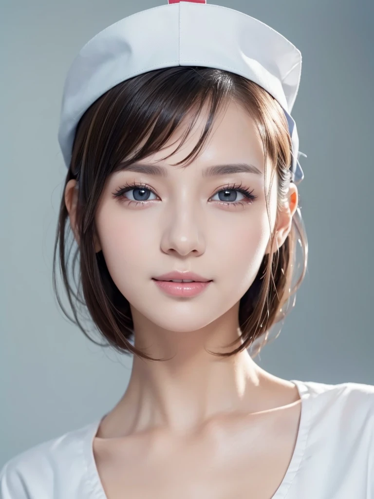 1. Pure Woman,(Wearing white nurse clothes:1.2),(RAW Photos, Highest quality), (Realistic, photo-Realistic:1.4), masterpiece, A very delicate and beautiful 25-year-old woman, Very detailed, Great Skin, Detailed face, Cool smile、Clean look、 Sparkling eyes, double eyelid, Ample breasts、High resolution, Soft Light, Beautiful detailed girl, Very detailed eyes and face, Beautiful and sophisticated nose, nurse, Perfect Anatomy, Black Hair, Upstyle, nurse uniform, ((nurse cap)), hospital, clear, White Uniform, hospital room, ((High resolution)), short hair, bangs,Face Focus、