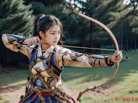Front view ,  a Chinese female warrior, (1 girl is  drawing a bow and arrow, showcasing both Eastern archery styles:1.3), 