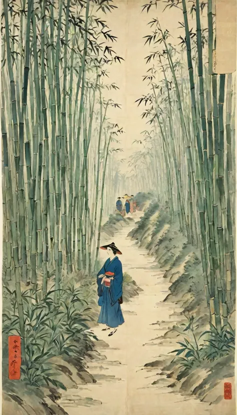 katsushika hokusai、vague、mont、forest、bamboo forest、road、roadに咲く花、people passing by々、ink and watercolor、light tones、large brush l...