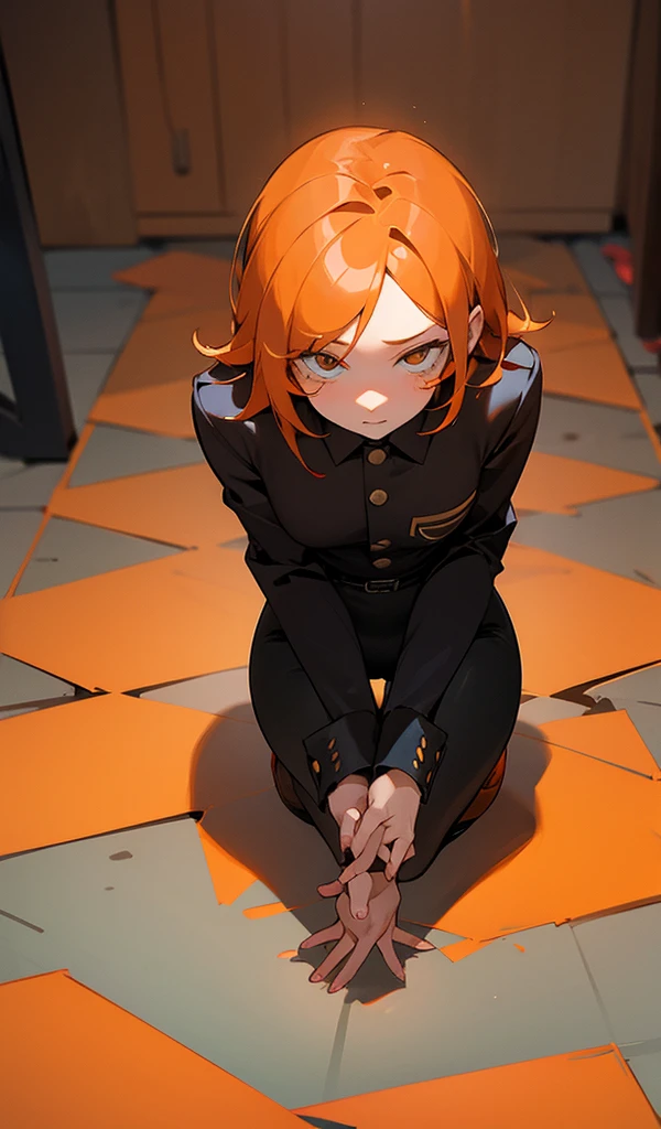 Orange hair, on all fours, butt facing the viewer, hands handcuffed behind back, man&#39;s genitals being forced into girl&#39;s vagina, blushing, crying, pants down, bikini slipping to expose nipples, face facing away