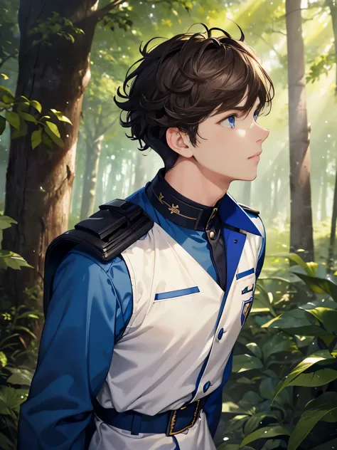 1boy,guy,Walking in the forest,Facing right, camera angle from the side, photo from the side, looking away,wearing blue army uniform,,blue eyes,half body photo,Hand on chin,18 years old,Curly hair,medium hair,undercut hairstyle,light brown hair, ultra detail,masterpiece