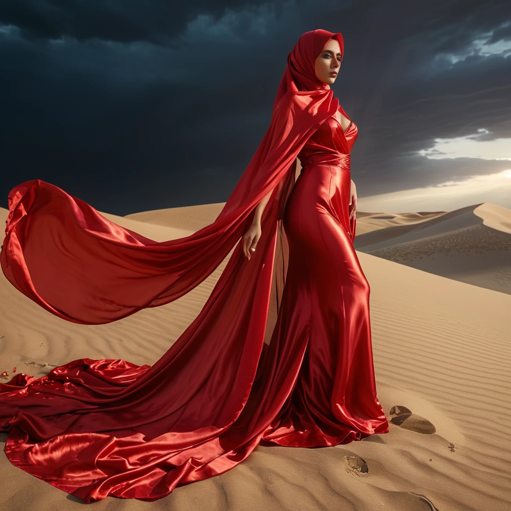 a sexy a woman covered in red satin cloth, mummified in satin, ghost sheet,tied tight in satin, shape like mermaid, tight in leg, wearing a satin hijab, the satin is very long, forming the curve of the body,dramatic flowy satin,strugle to move,full body, masterpice, flowy satin blow by wind,4k resolution, ultra-realistic, highly detail, great lightning.