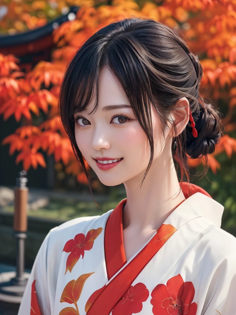 (Highest quality、8k、32K、masterpiece)、(Realistic)、(Realistic:1.2)、(High resolution)、Very detailed、Very beautiful face and eyes、(((Female solo shot)))、Frame In、Tight waist、(Highest quality、Attention to detail、Rich skin detail)、(Highest quality、8k、Oil paints:1.2)、(Realistic、Realistic:1.37)、Bright colors、(((Bust Shot)))、(((Medium Hair)))、(((smile)))、(((Black Hair)))、(((Red kimono)))、(((White and red kimono)))、(((Japanese garden)))、(((Autumn scenery)))、(((The appearance of a Japanese woman)))、((Touching my mouth))