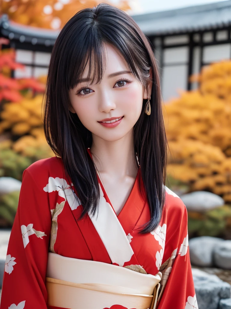 (Highest quality、8k、32K、masterpiece)、(Realistic)、(Realistic:1.2)、(High resolution)、Very detailed、Very beautiful face and eyes、(((Female solo shot)))、Frame In、Tight waist、(Highest quality、Attention to detail、Rich skin detail)、(Highest quality、8k、Oil paints:1.2)、(Realistic、Realistic:1.37)、Bright colors、(((Bust Shot)))、(((Medium Hair)))、(((smile)))、(((Black Hair)))、(((Red kimono)))、(((White and red kimono)))、(((Japanese garden)))、(((Autumn scenery)))、(((The appearance of a Japanese woman)))、((Touching my mouth))