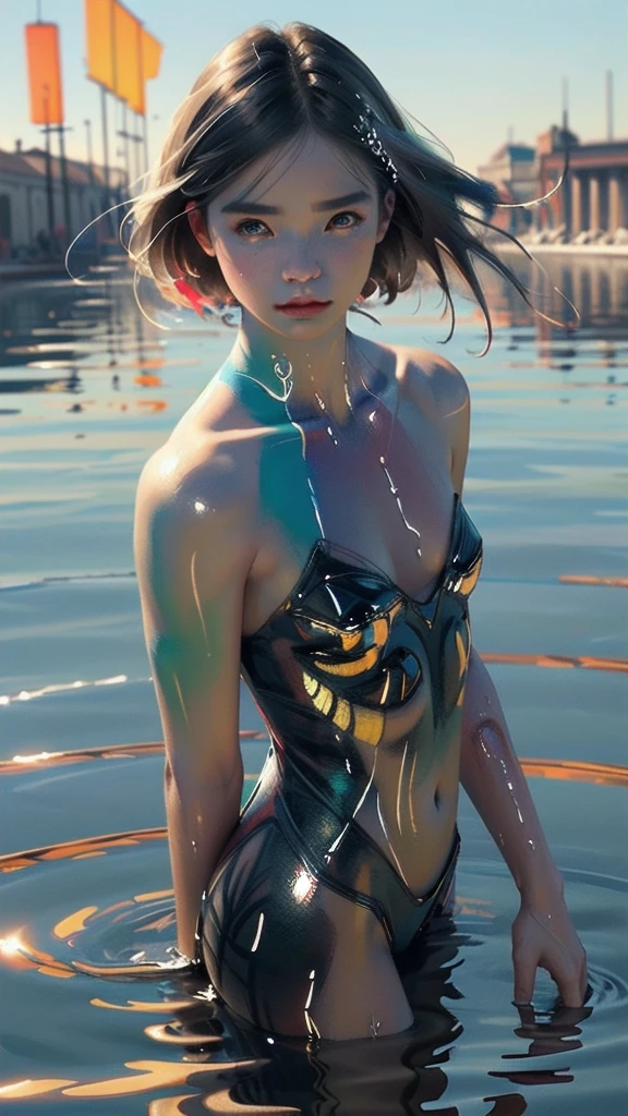 (Super detailed,ultra high resolution,detailed background),((2D)),((flat color)),((colorful)),((floating colorful water)),1 girl,alone,looking at the viewer,break、body paint、beauty of women、Warm body shape