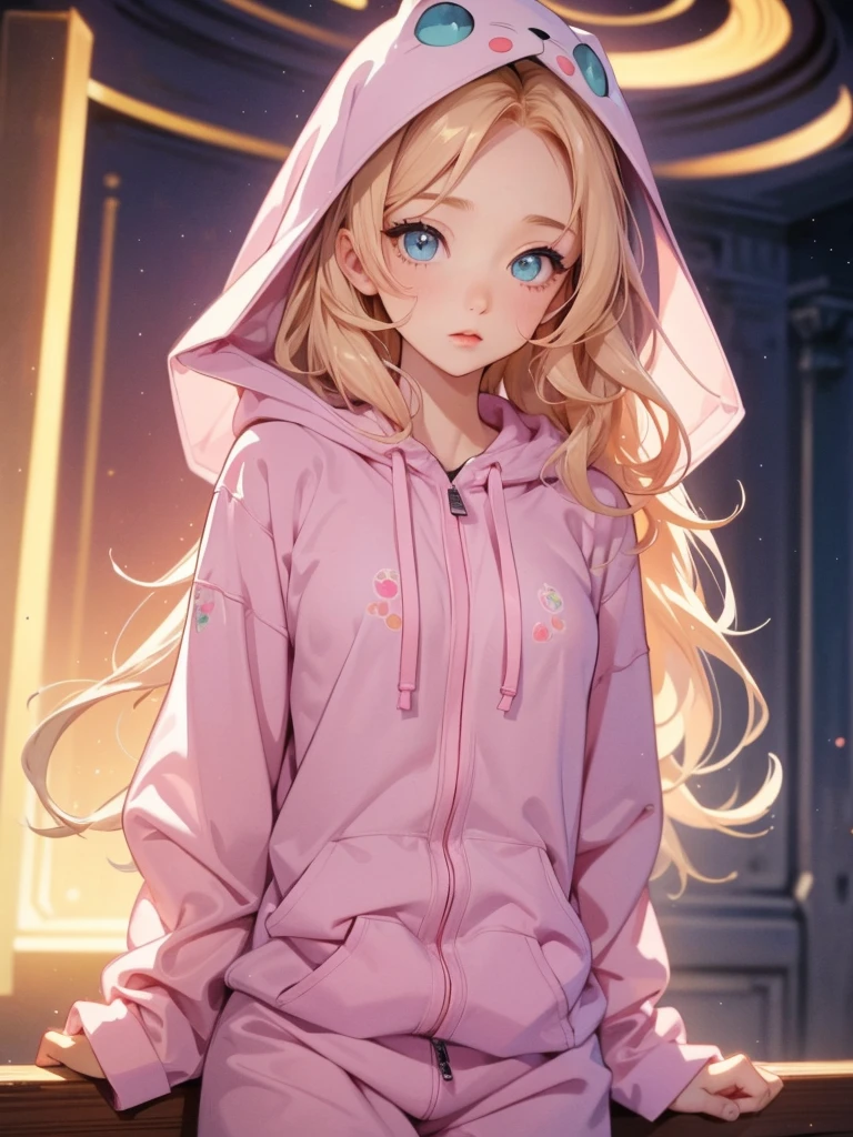 adult  woman, Age 22; long hair, pretty and pink, curly hair; light yellow eyes, angelic and beautiful face with flushed cheeks, rosto ultra detaild; (( wearing cute hooded kigurumi pajamas )); best qualityer, ultra detaild, best resolution, 4K, soft strokes, role model, work of art, closes; dimly lit room in the background, focus on the character, blurry background 