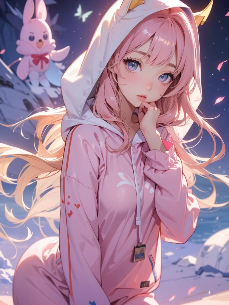 adult  woman, Age 22; long hair, pretty and pink, curly hair; light yellow eyes, angelic and beautiful face with flushed cheeks, rosto ultra detaild; (( wearing cute hooded kigurumi pajamas )); best qualityer, ultra detaild, best resolution, 4K, soft strokes, role model, work of art, closes; dimly lit room in the background, focus on the character, blurry background 