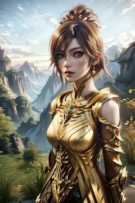 a close up of a woman in a gold dress standing in front of a mountain, unreal engine render + a goddess, ultra detailed game art...