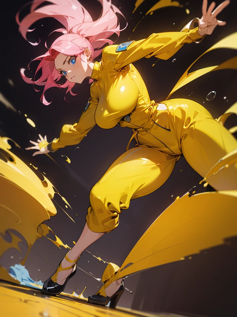 a mature woman , hero pose, big pink hair, shining blue eyes, wearing a mustard yellow jumpsuit. hero pose, big breasts35 years old, running away from an old squeegee, eye on the spectator, look at the camera, posing for a fight intricate, dark background