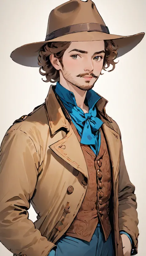 faded photo、１８century old photo、portrait、a 35-year-old man dressed like a cowboy. he is light brown, curly hair., he has a littl...