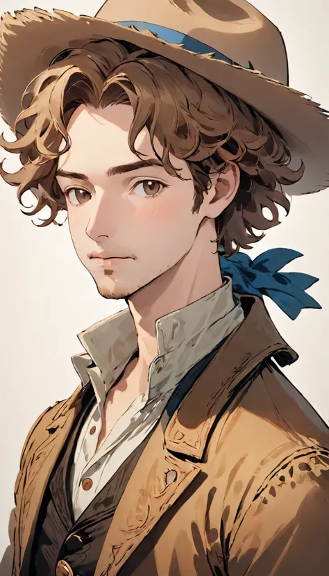 faded photo、１８century old photo、portrait、a 35-year-old man dressed like a cowboy. he is light brown, curly hair., he has a littl...