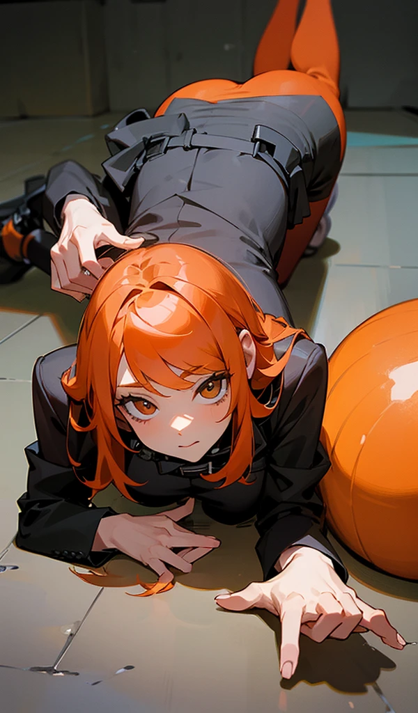 Orange hair, on all fours, butt facing the viewer, hands handcuffed behind back, man&#39;s genitals being forced into girl&#39;s vagina, blushing, crying, pants down, bikini slipping to expose nipples, face facing away