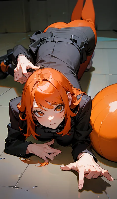 orange hair, on all fours, butt facing the viewer, hands handcuffed behind back, man&#39;s genitals being forced into girl&#39;s...