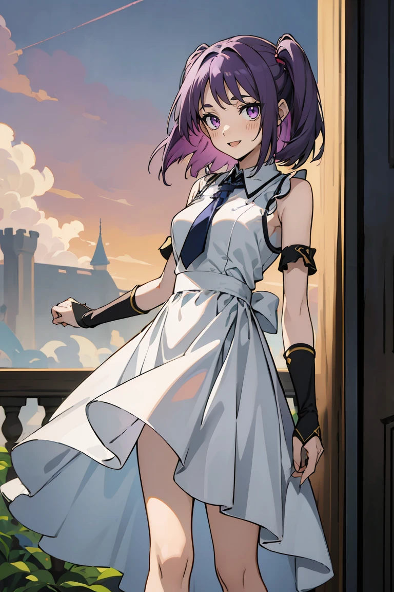 (masterpiece:1.2), (high quality:1.2), reo mikage, blue lock, girls with((1girl, solo, purple hair, (medium hair, right swept bangs, one side up:1.55), bare shoulder, blush, breasts, choker, cleavage, cowboy shot, collar, collarbone, rosary, cross, white clothes, blouse, white dress, sleeveless, collared shirt, necktie, (black sleeves, arm wears, elbow armwarmers, cheongsam:1.2), metamorphosis is exposed, princess dress, long dress, frilled panniers, (open dress:1.34), leggings, boots, sandals, bare legs)), background with((fantasy world, ruin, castle, beautiful sky, shining sky, sunshine:1.35))