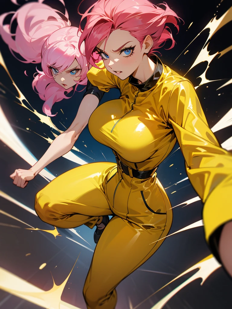 a mature woman vs evil ciborgue, fight pose, big pink hair, shining blue eyes, wearing a mustard yellow jumpsuit, big breasts, 35 years old, running away, eye on the spectator, look at the camera, posing for a fight intricate, dark background