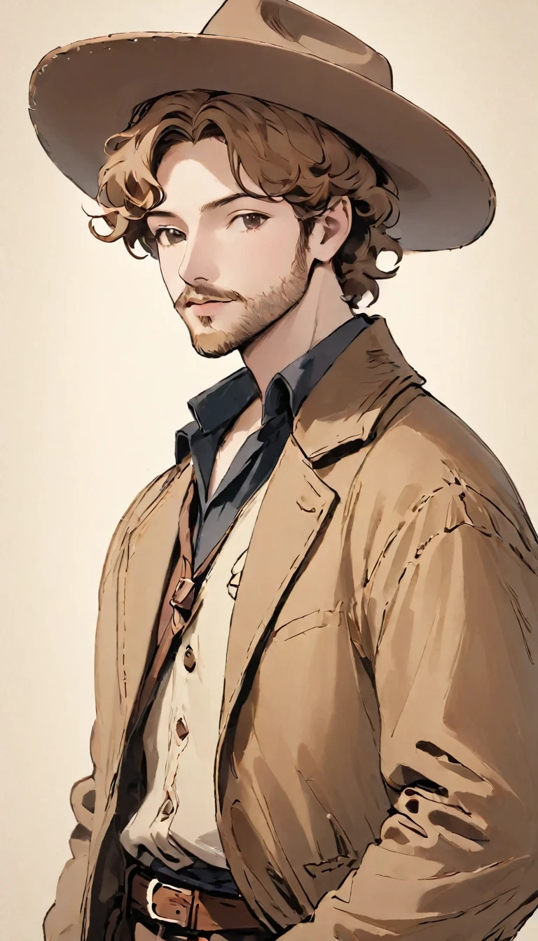 faded photo:1.5、Sepia、Portrait、A 35-year-old man dressed like a cowboy. He is light brown, Curly Hair., He has a little beard