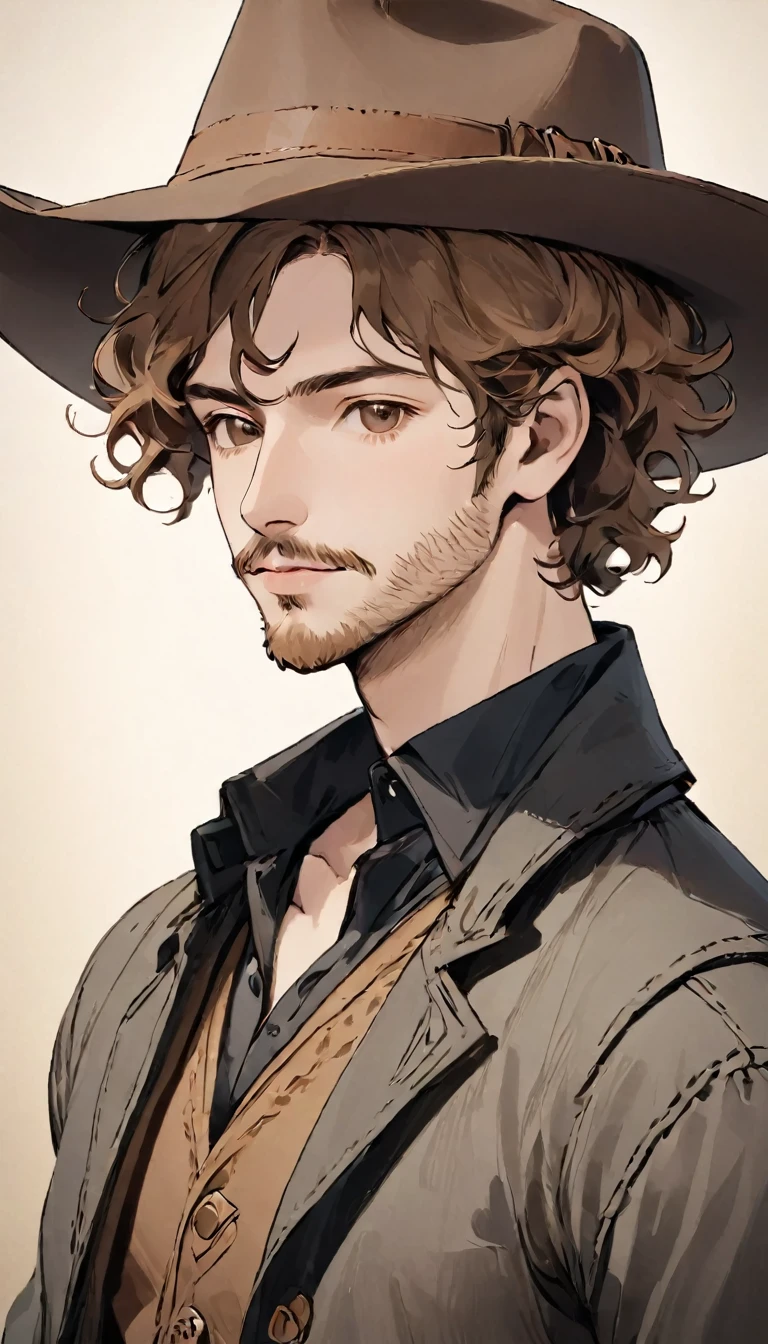 faded photo:1.5、Sepia、Portrait、A 35-year-old man dressed like a cowboy. He is light brown, Curly Hair., He has a little beard