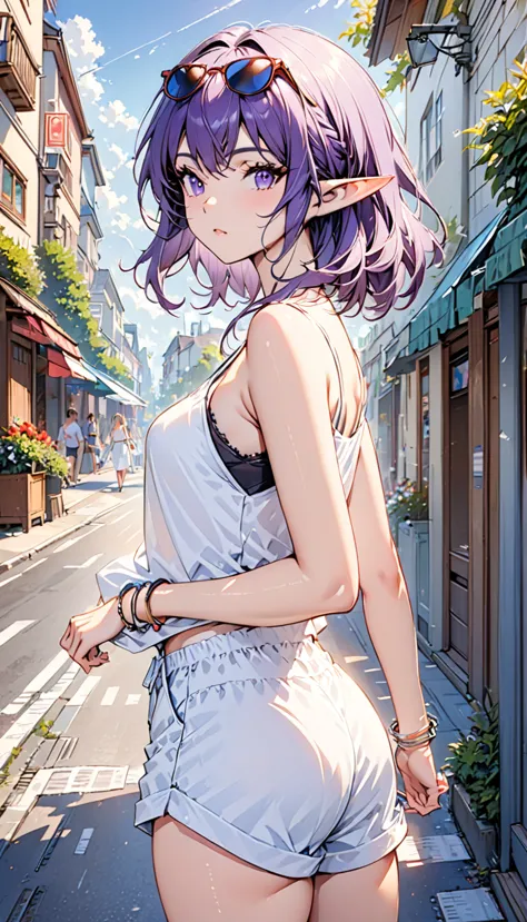 ((best quality)), ((masterpiece)), (detailed), 1girl, sexy, elf, purple hair, medium hair, pointy ears, eyewear on head, wearing...