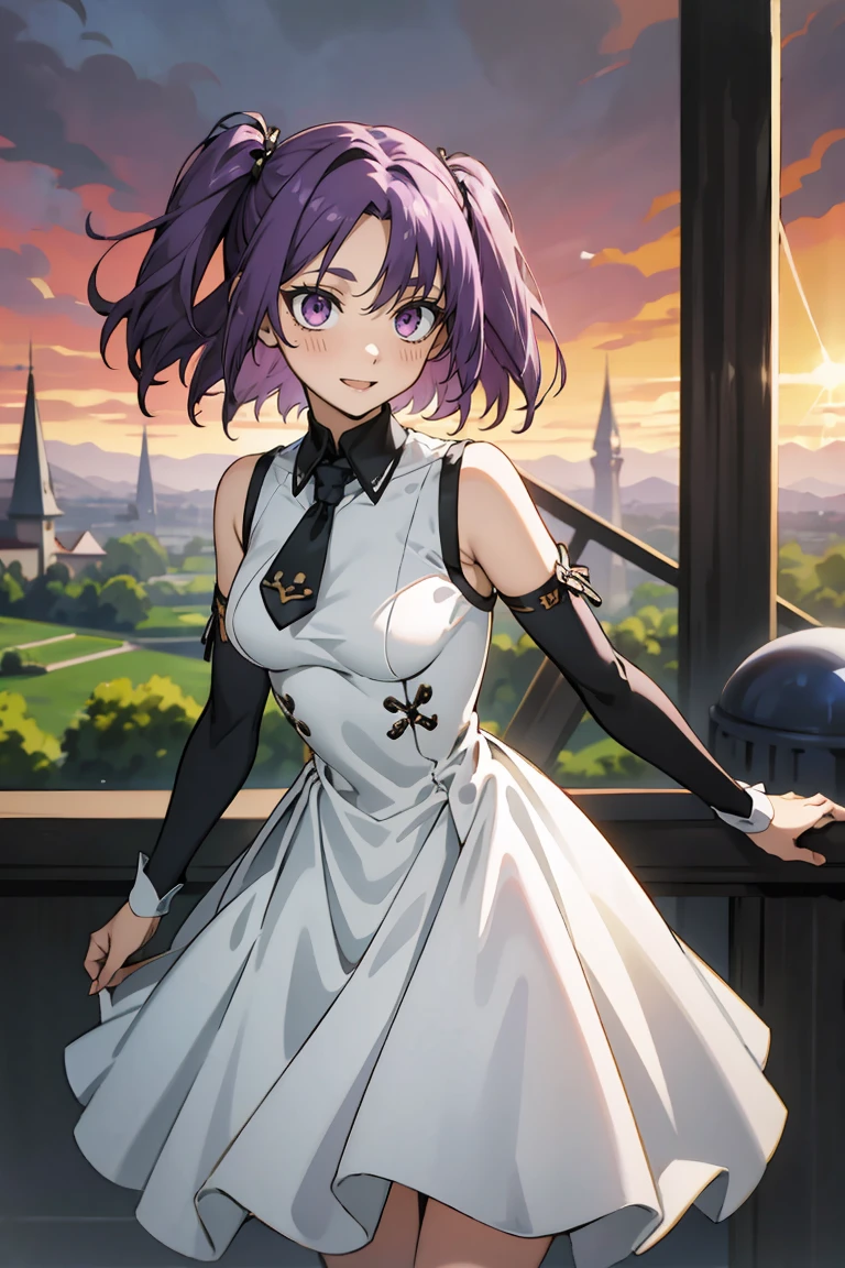 (masterpiece:1.2), (high quality:1.2), reo mikage, blue lock, girls with((1girl, solo, purple hair, (medium hair, right swept bangs, one side up:1.55), bare shoulder, blush, breasts, choker, cleavage, cowboy shot, collar, collarbone, rosary, cross, white clothes, blouse, white dress, sleeveless, collared shirt, necktie, (black sleeves, arm wears, elbow armwarmers, cheongsam, metamorphosis is exposed, princess dress, long dress, frilled panniers:1.2), (open dress:1.34), leggings, boots, sandals, bare legs)), background with((fantasy world, ruin, castle, beautiful sky, shining sky, sunshine:1.35))