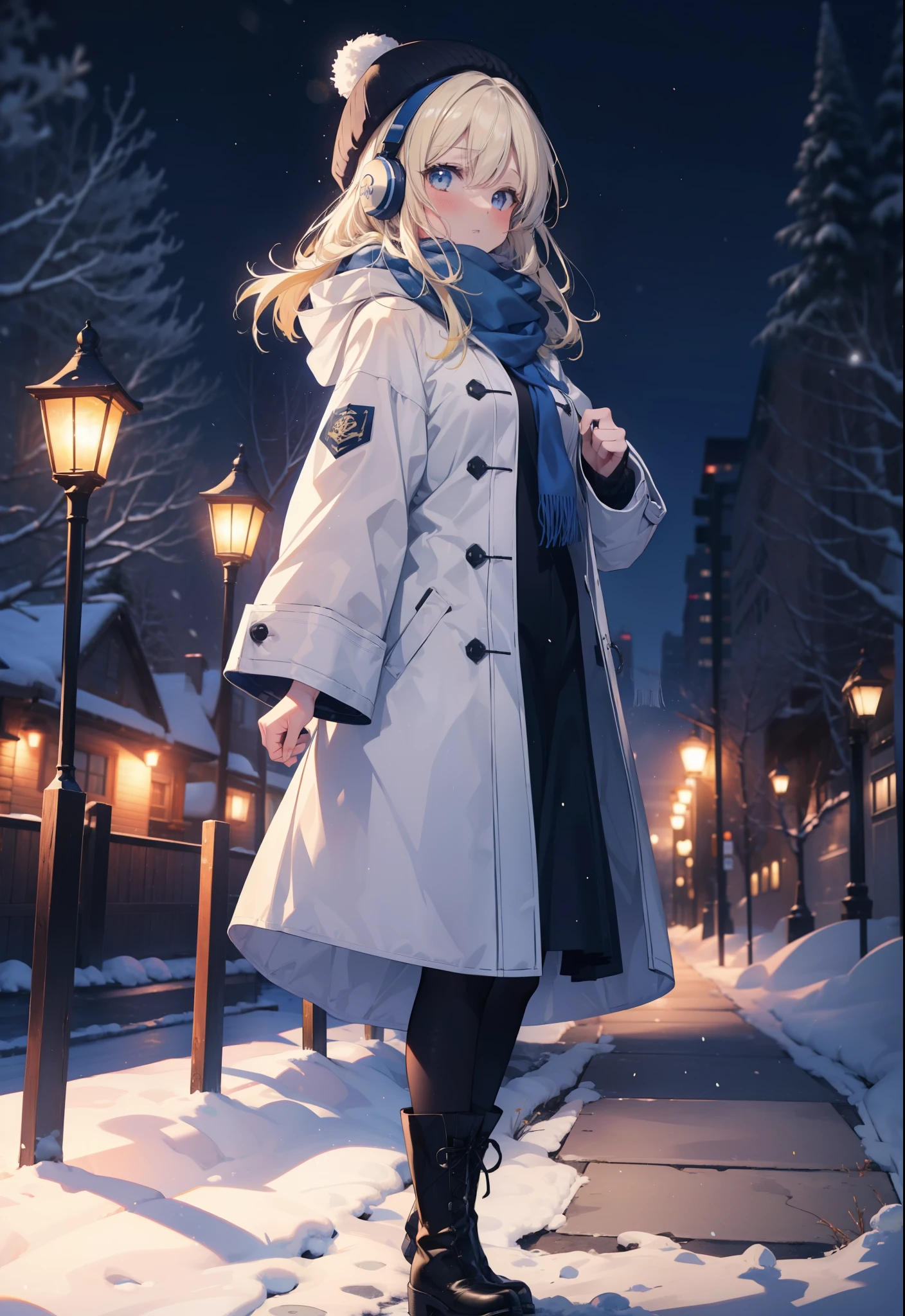 Eliase, catalyst, Yellow Hair, blue eyes, Long Hair,Knitted hat,Earmuffs,blush,Open your mouth,White Breath,White scarf,Light blue long coat,White long skirt,Black pantyhose,short boots,Walking,snowが降っている,snowが積もっている,snow,snow,snow,night,whole bodyがイラストに入るように,
break looking at viewer,whole body,
break outdoors,Residential Street,
break (masterpiece:1.2), Highest quality, High resolution, unity 8k wallpaper, (figure:0.8), (Beautiful attention to detail:1.6), Highly detailed face, Perfect lighting, Highly detailed CG, (Perfect hands, Perfect Anatomy),